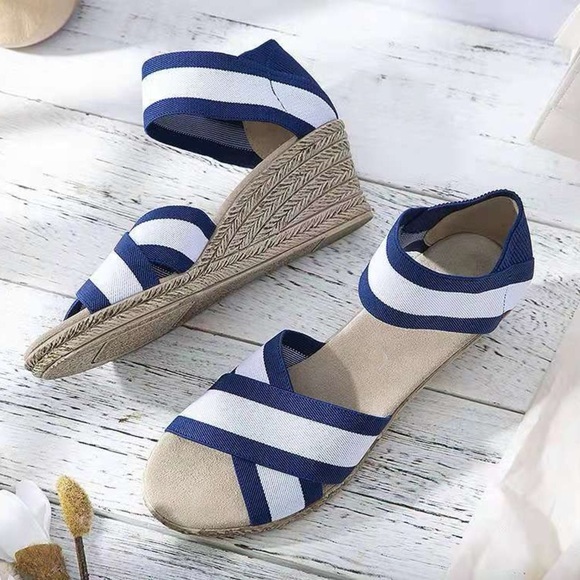 Marie-Valois Blue & White Stripe Espadrille Wedge Size 6 - Picture 1 of 11